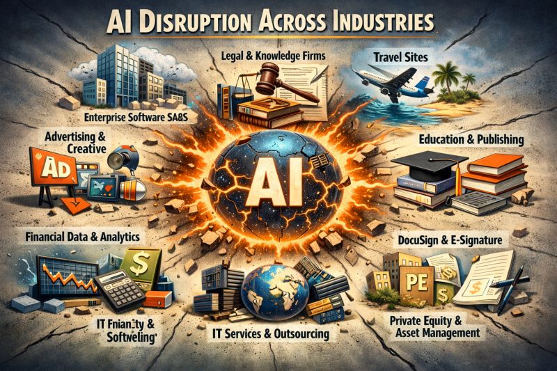 AI disruption impact map: enterprise SaaS, legal, education, advertising, financial data, travel, IT services, and private equity face structural transformation