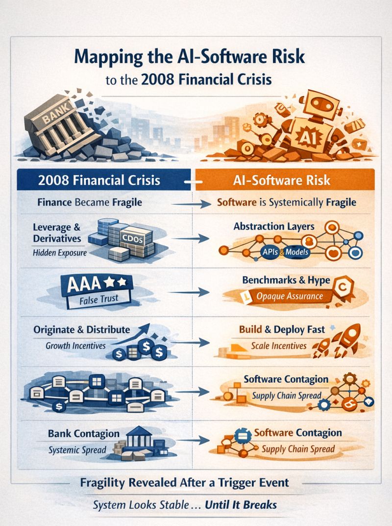 Mapping AI-software systemic risk to the 2008 financial crisis: leverage, hidden exposure, false trust, and contagion patterns mirror between finance and software