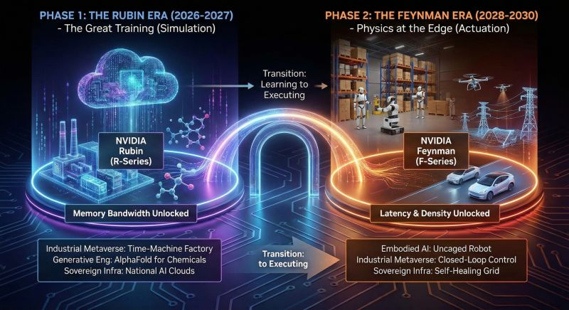 NVIDIA architecture roadmap for investors: the Rubin Era (2026-2027, simulation and memory bandwidth) transitioning to the Feynman Era (2028-2030, edge actuation and latency)