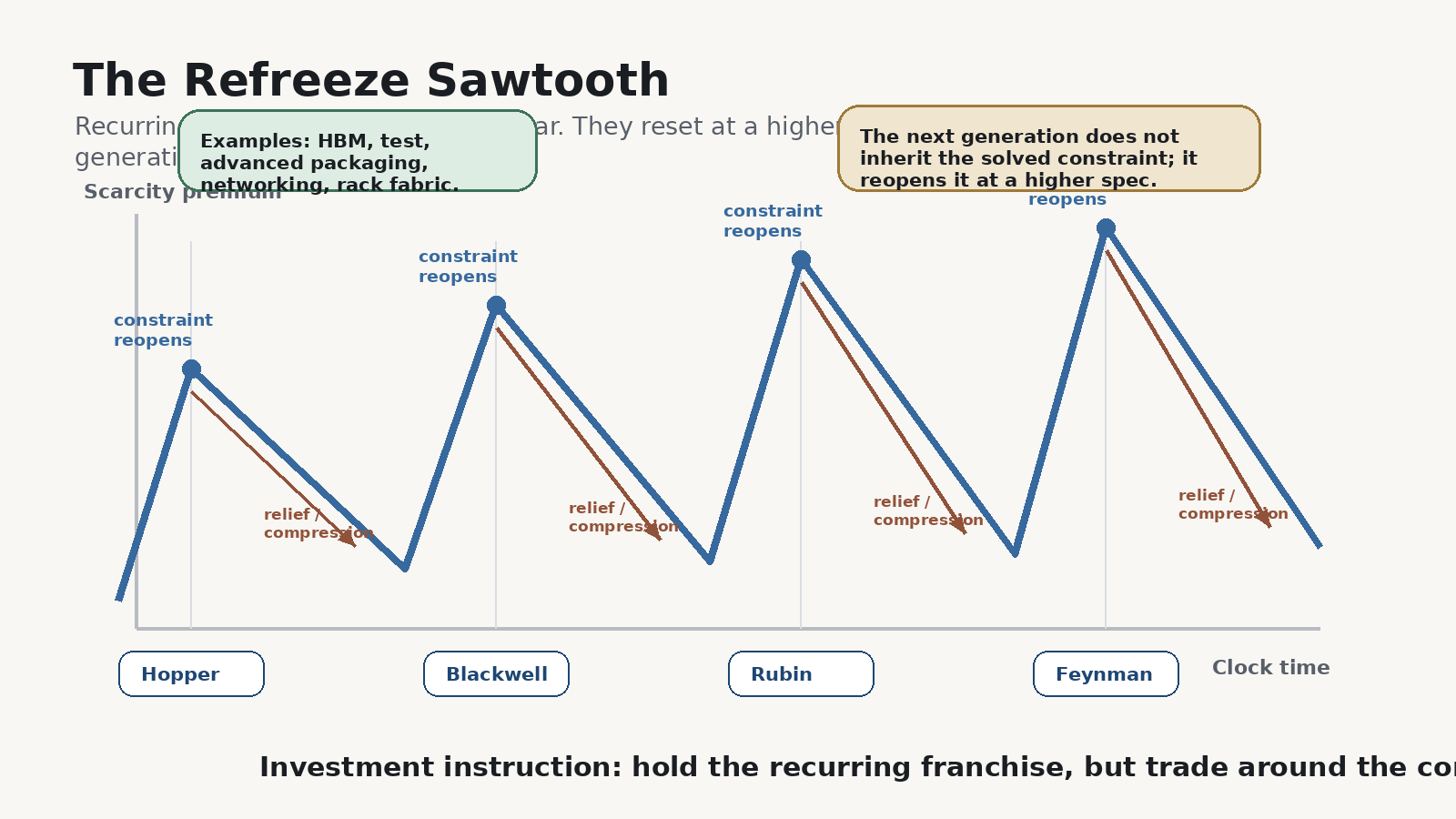 Line chart 'The Refreeze Sawtooth': scarcity premium on the y-axis, clock time on the x-axis marked Hopper, Blackwell, Rubin, Feynman. The premium runs as a sawtooth &mdash; each generation the constraint reopens (peak) then relieves and compresses (trough). Examples: HBM, test, advanced packaging, rack fabric. The next generation does not inherit the solved constraint; it reopens it at a higher spec.