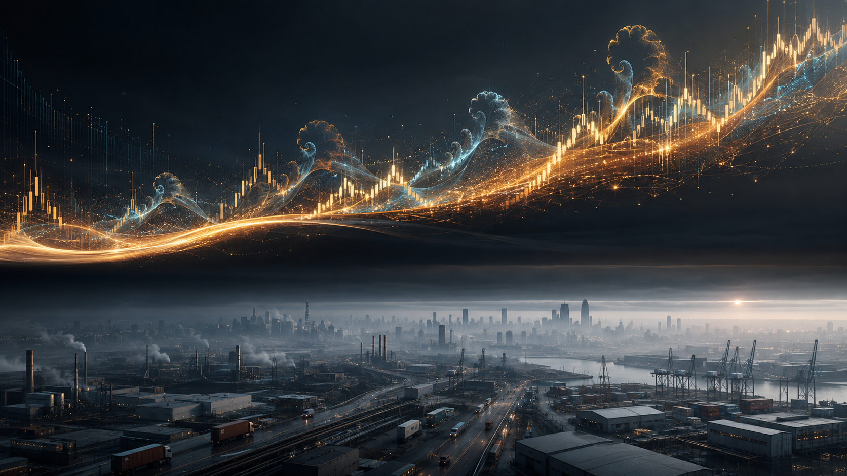 A luminous market structure of golden candlesticks and fractal waves rises above a grey industrial city of ports, factories and container trucks, separated by a layer of cloud — the stock market and the real economy as two distinct worlds moving to different rules.