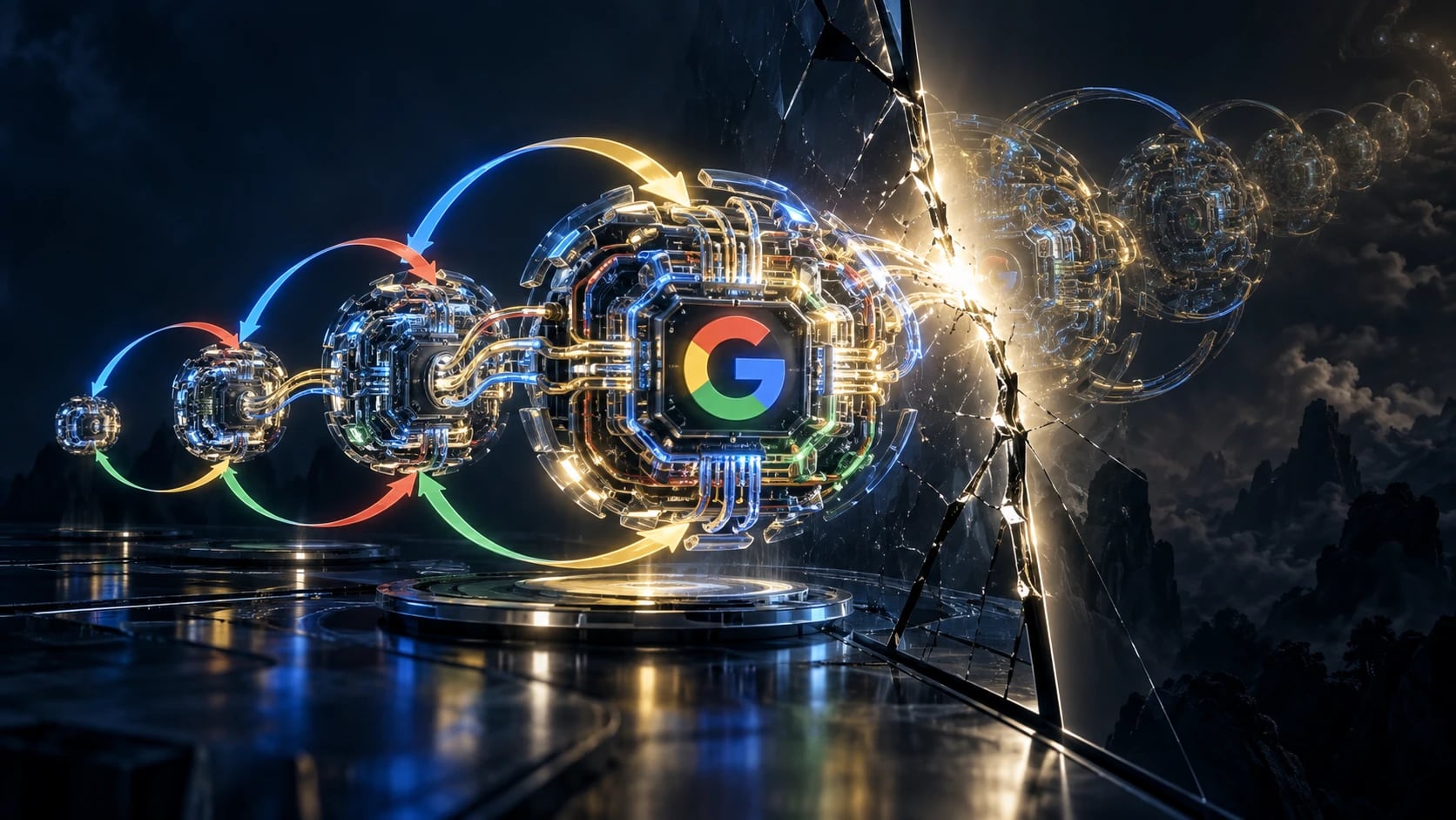 The Loop Nobody Has Closed cover art — a chain of glass-and-circuit spheres growing larger with each generation, arrows looping back into the next, the Google logo at the centre, a cracked pane of glass splitting the scene.