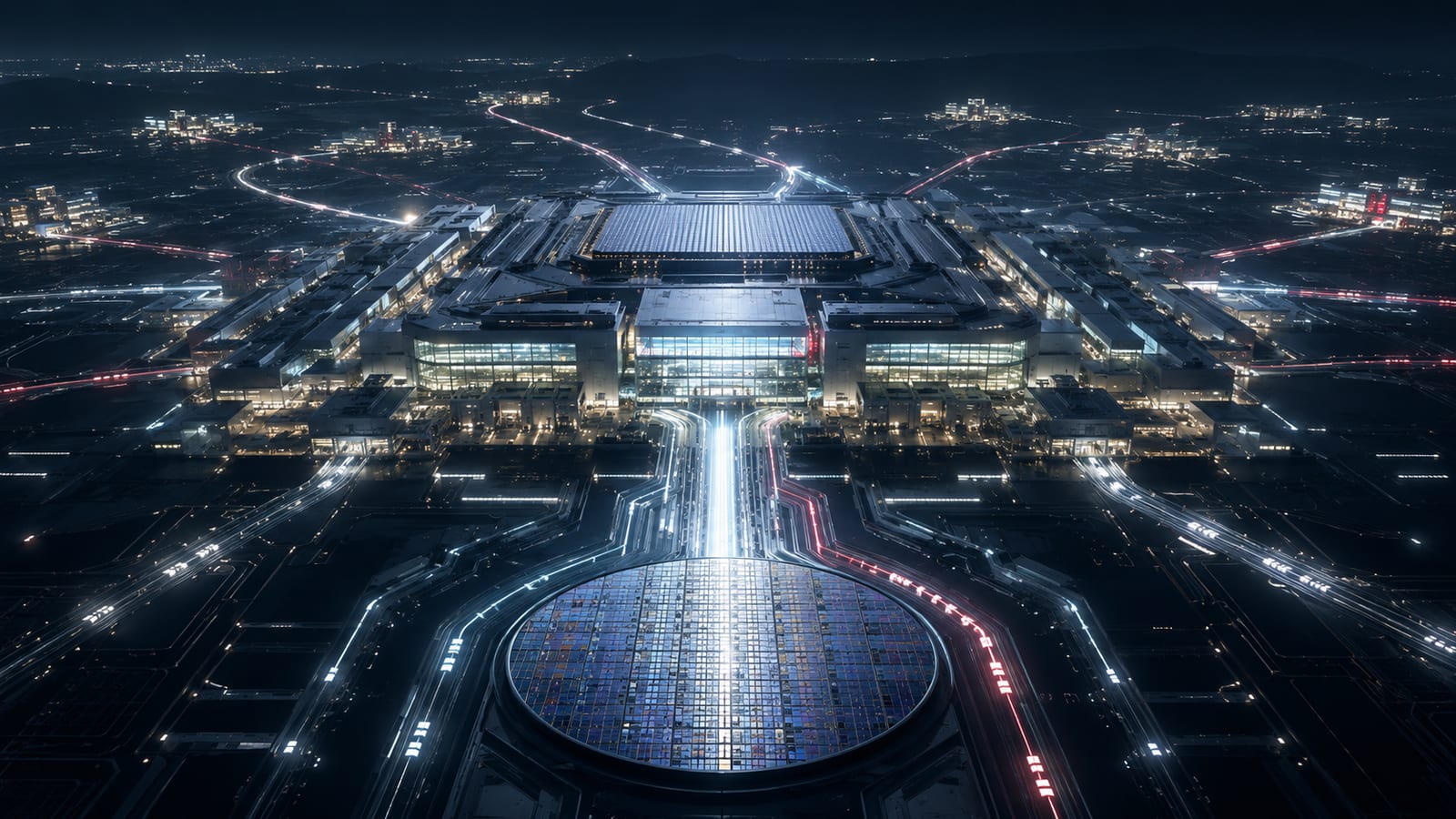 The Toll at the Only Bridge cover art — an aerial night view of a vast fab complex with every illuminated roadway in the landscape converging on it, a giant multi-die wafer set into the forecourt where the roads meet: the bridge every constraint queues to cross.