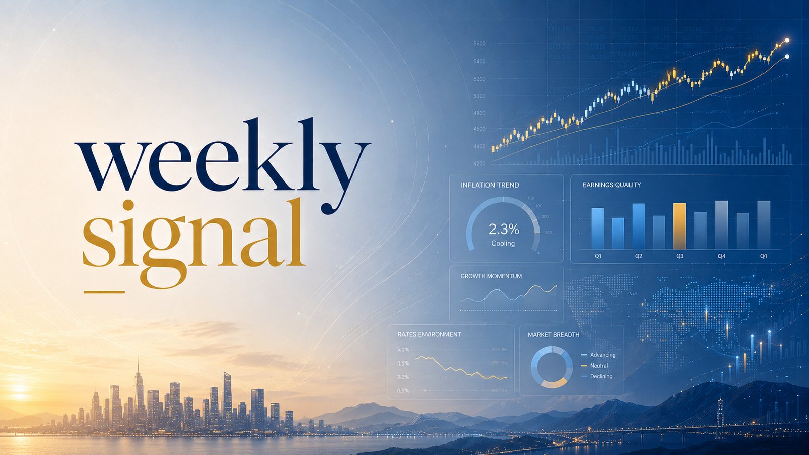 A market tape climbing across a world map at sunrise above a city skyline, with inflation, breadth and momentum panels alongside — the week the bull market outside America resumed.