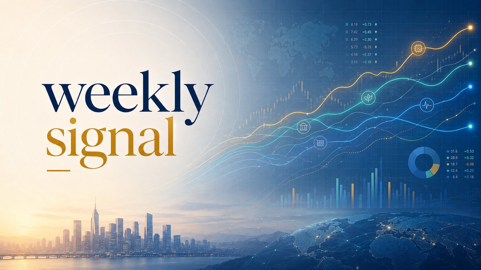 Weekly Signal cover — several market lines diverging over a city skyline at dusk: the week the leadership axis turned from technology to everything else.