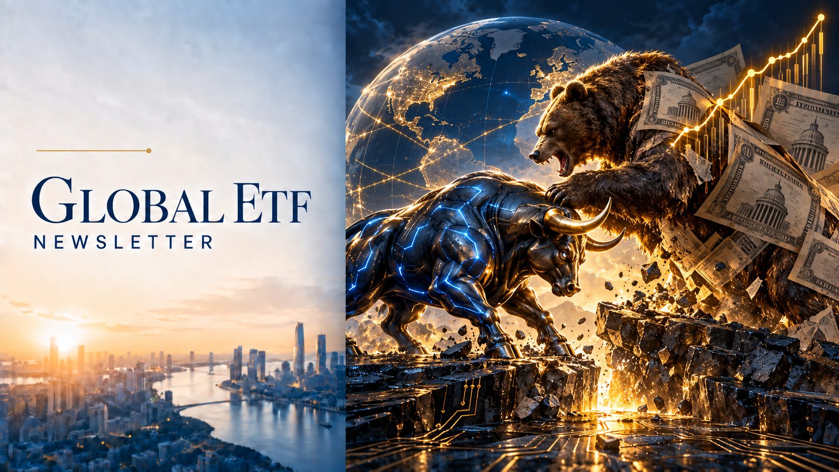 Global ETF Newsletter cover for 26 September 2026 — a chip-circuit bull pushing against a bear wrapped in Treasury notes in front of the globe; the week the thirty-year yield hit its highest since 2004 and the builders rose anyway.
