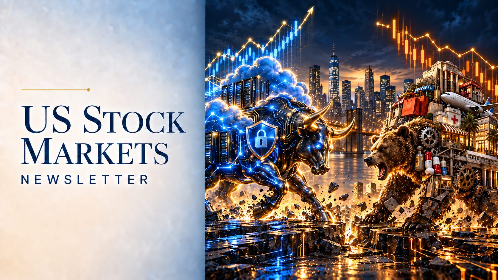 US Stock Markets Newsletter cover for 4 October 2026 — a cloud-and-security bull on a rising chart against a bear built from shops, airlines, pharma and factories; the week the Nasdaq 100 confirmed at a record and its non-tech half made its low.