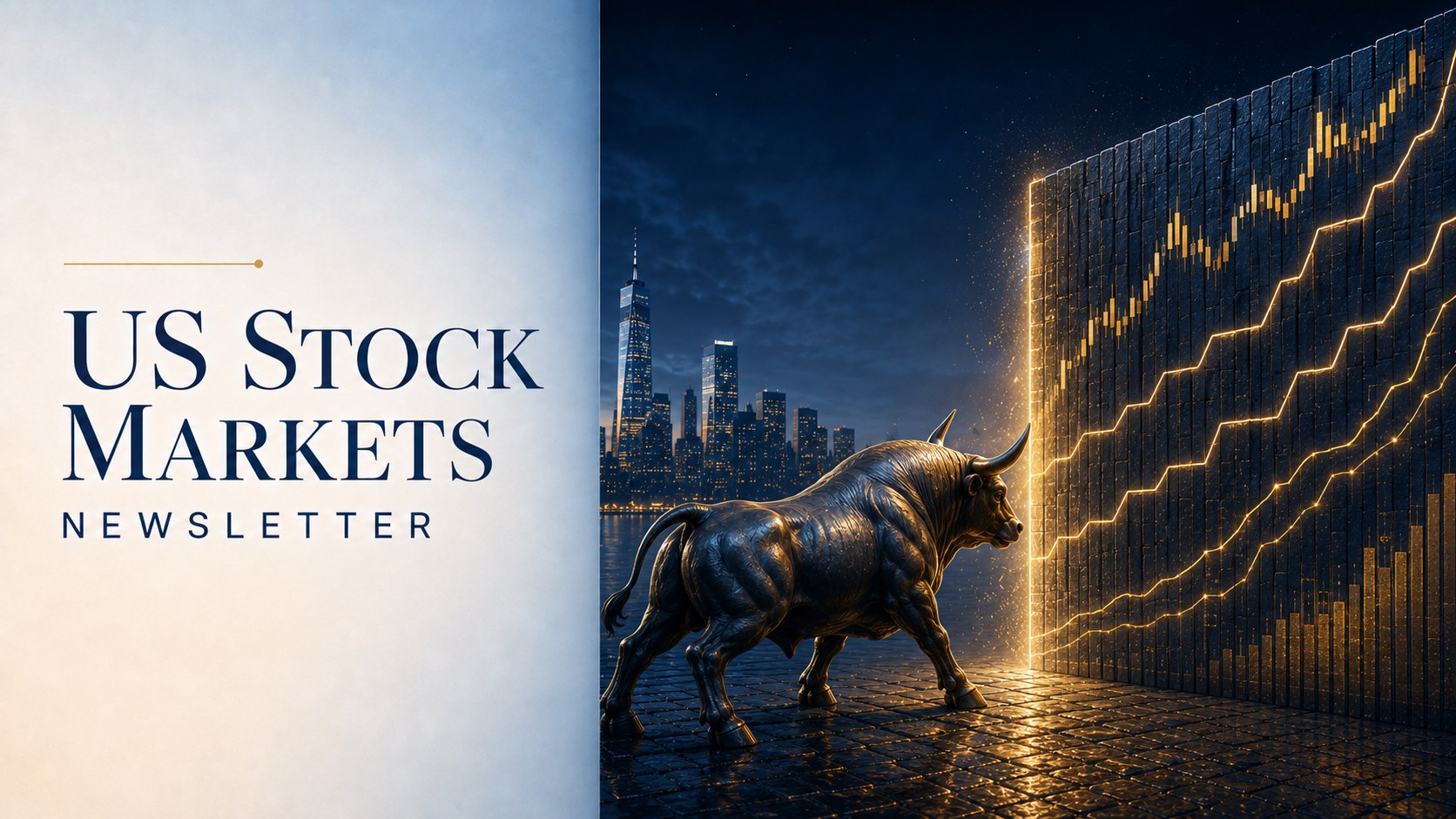 US Stock Markets Newsletter cover for 11 October 2026 — a bull against a wall of rising charts; the week the market traded a peak in rates and the rally broadened beyond tech.