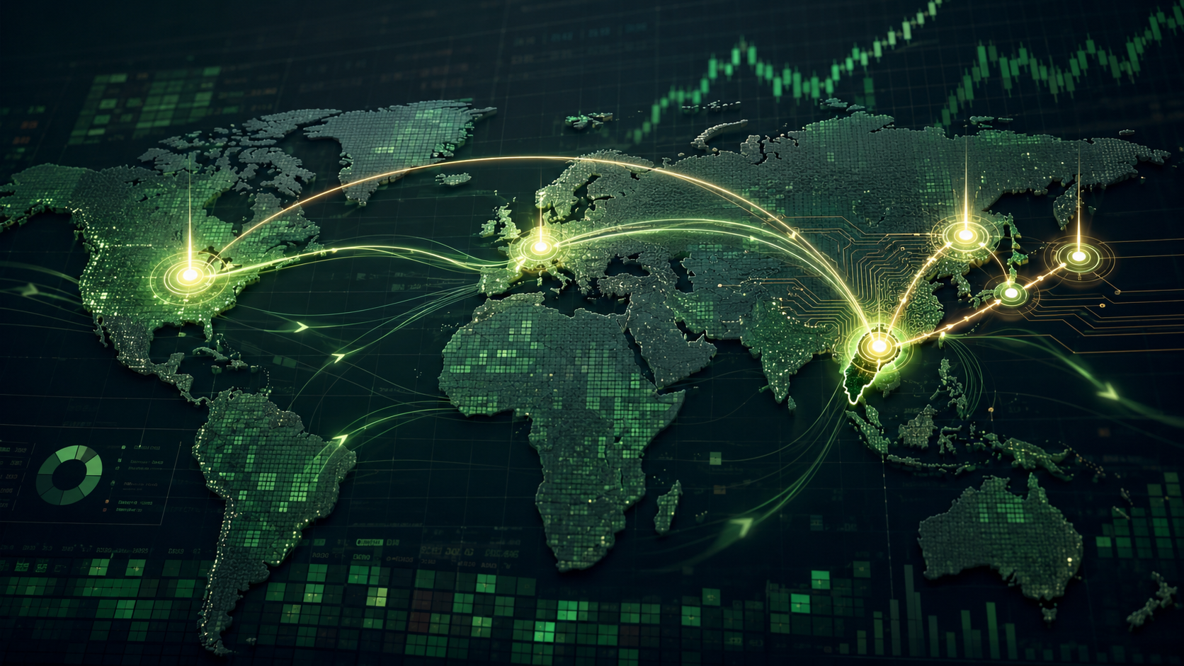 Global markets, one concentrated tape — the AI-chip economies of Asia lit brightest against the world map.
