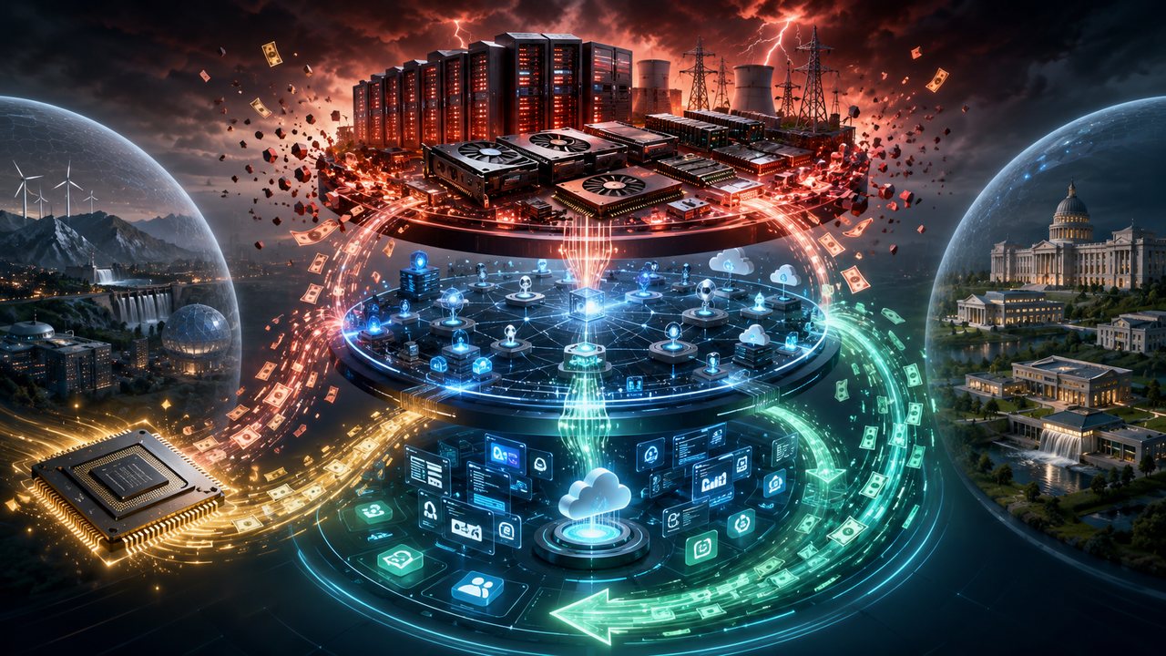 Editorial illustration of money walking down the AI stack: at the top a storm-red build-out layer of GPU racks, chips and power infrastructure sheds fragments and banknotes; the flows stream down into a calm blue operating layer of networked agents and cloud rails; below it a green deployment layer of application screens catches the rotation, flanked by a chip on the left and exchange architecture on the right — the week rotating against the year.