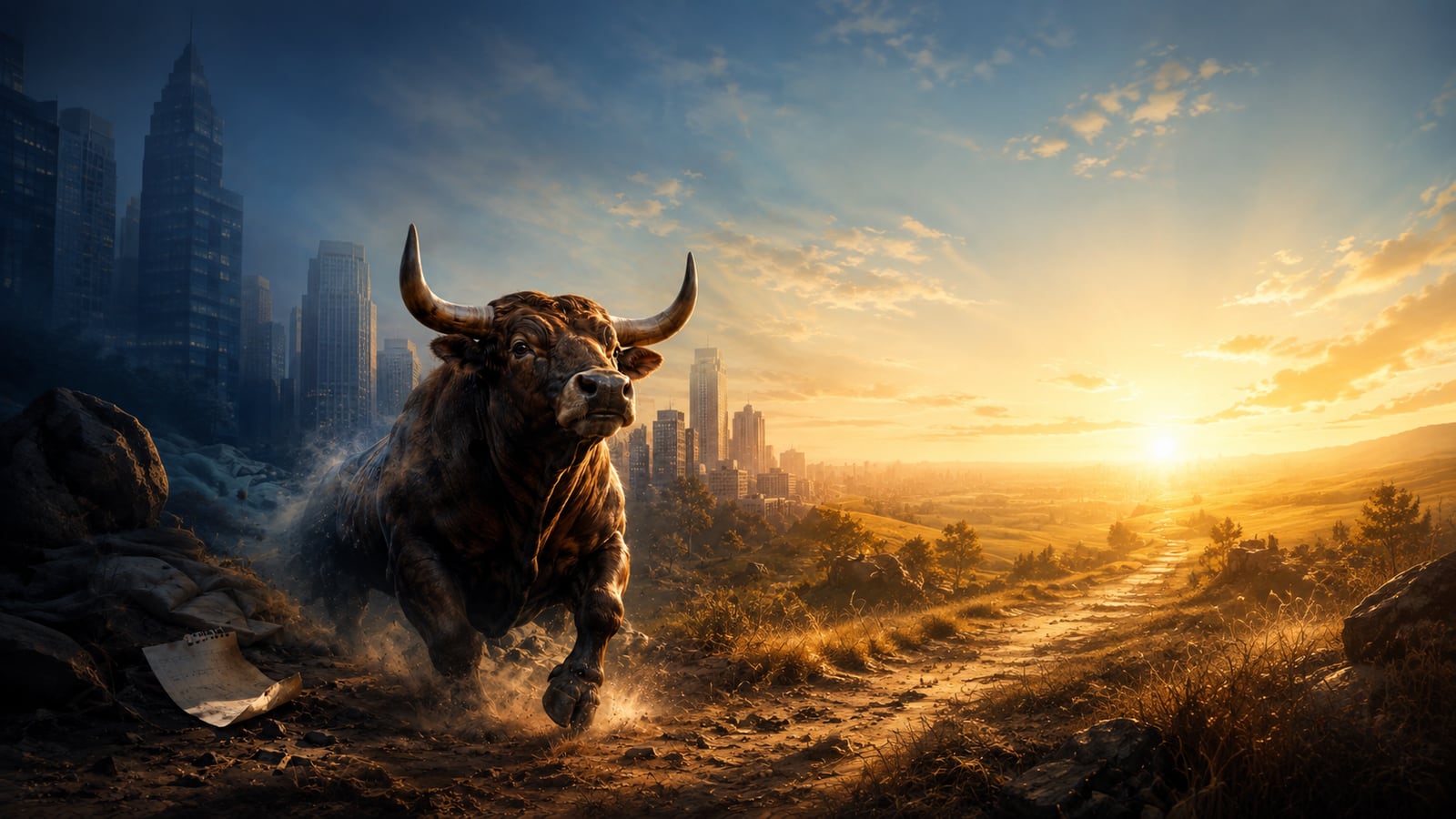 A bull charging out of a dark city skyline on the left toward open sunlit country on the right, with a discarded chart lying in the dust behind it.