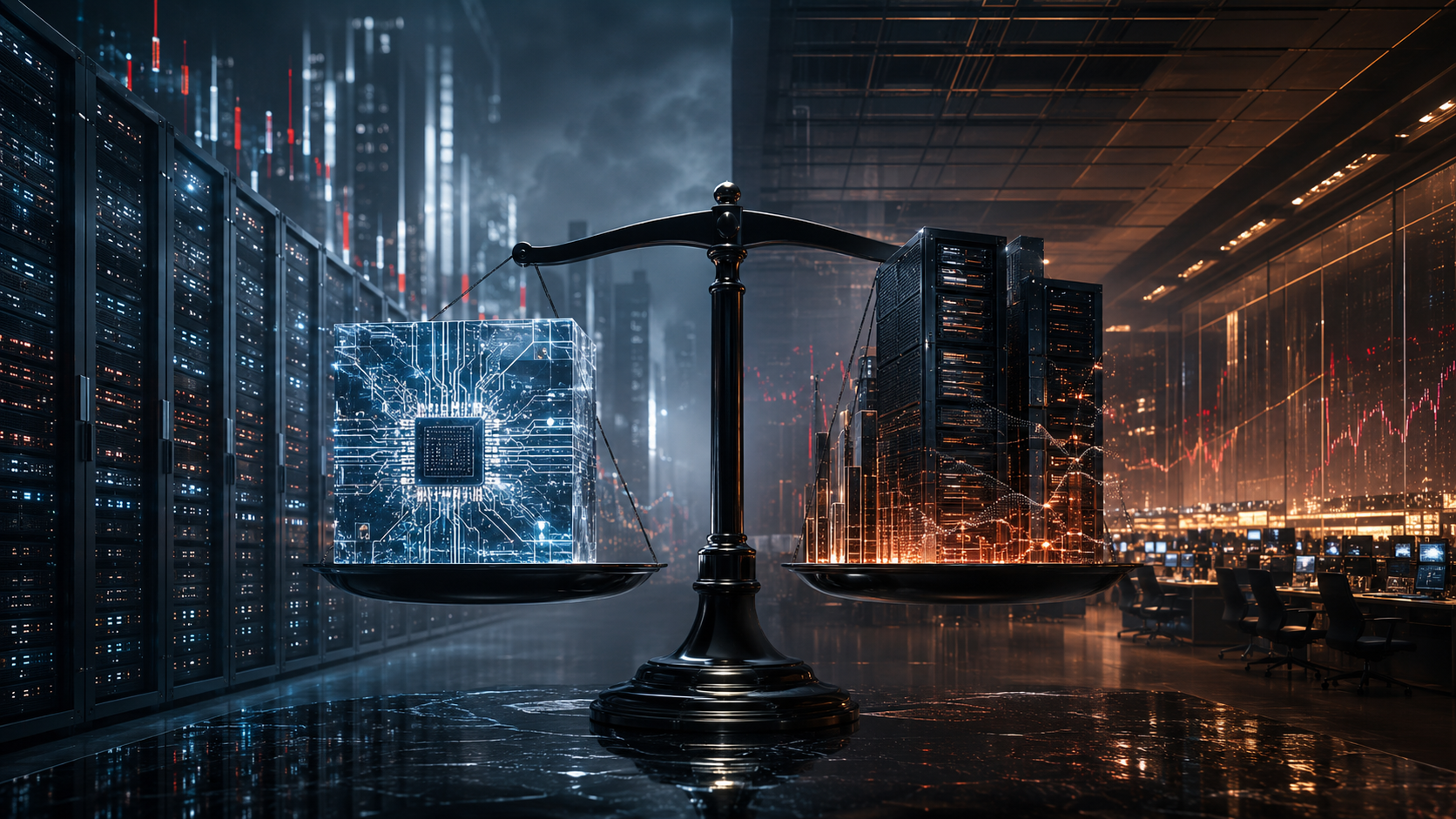 A balance scale in a dark data-center trading floor weighs a glowing AI chip against a cluster of server towers, red price charts falling in the glass behind — the frontier model on one pan, the operations layer it may come to compete with on the other.