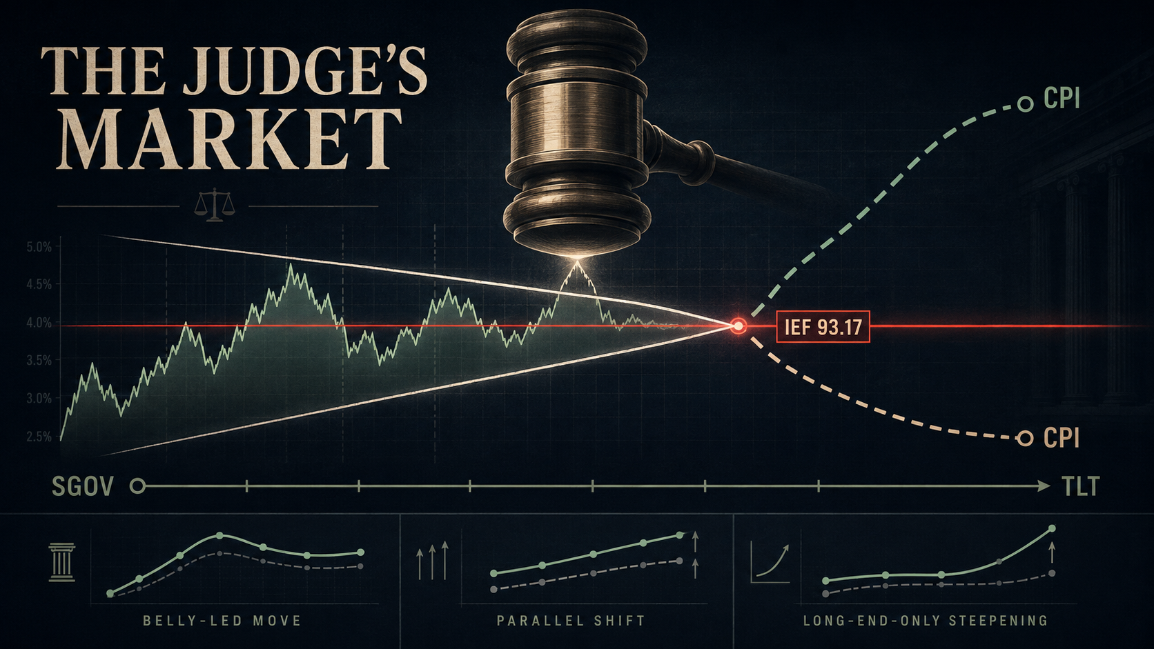 "The Judge's Market" — a courtroom gavel hangs over a bond-price triangle coiling to its apex at IEF 93.17, two dashed CPI paths splitting up and down at the point of decision; below, a duration axis from SGOV to TLT and three small resolution shapes: belly-led move, parallel shift, long-end-only steepening.
