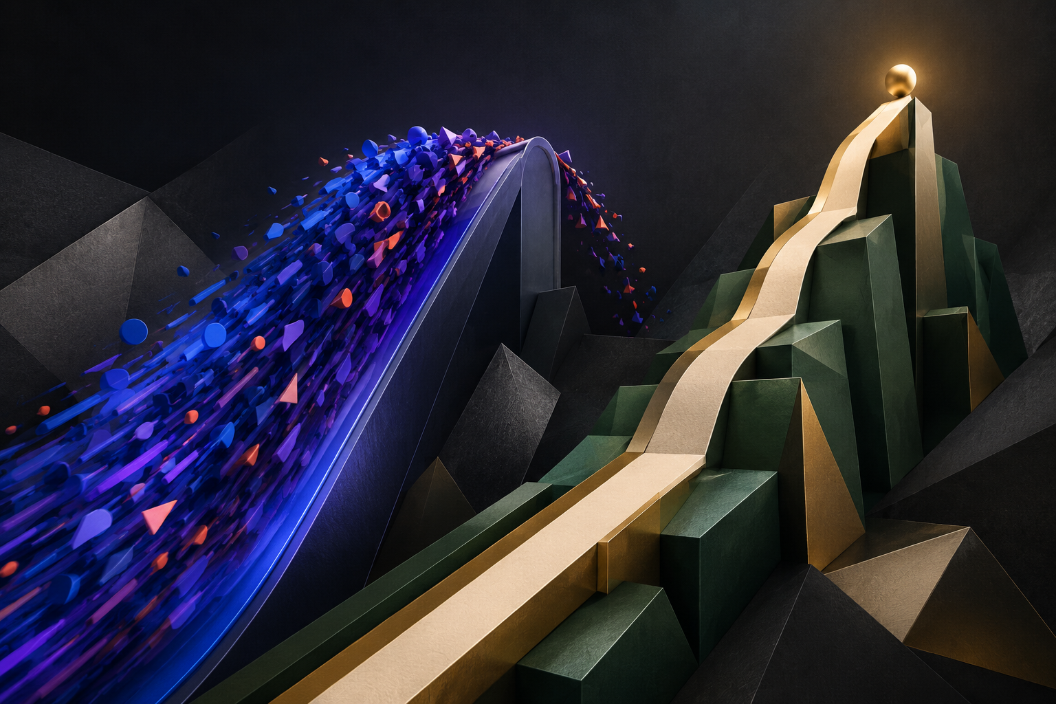 "Momentum Stalls, Value Makes the High" — a fast blue-and-purple stream of shapes crests a dark wall and breaks apart mid-air, while on the right a steady gold path climbs a stepped dark-green mountain to a small golden sphere at the summit: momentum losing its trend while value quietly makes a new high.