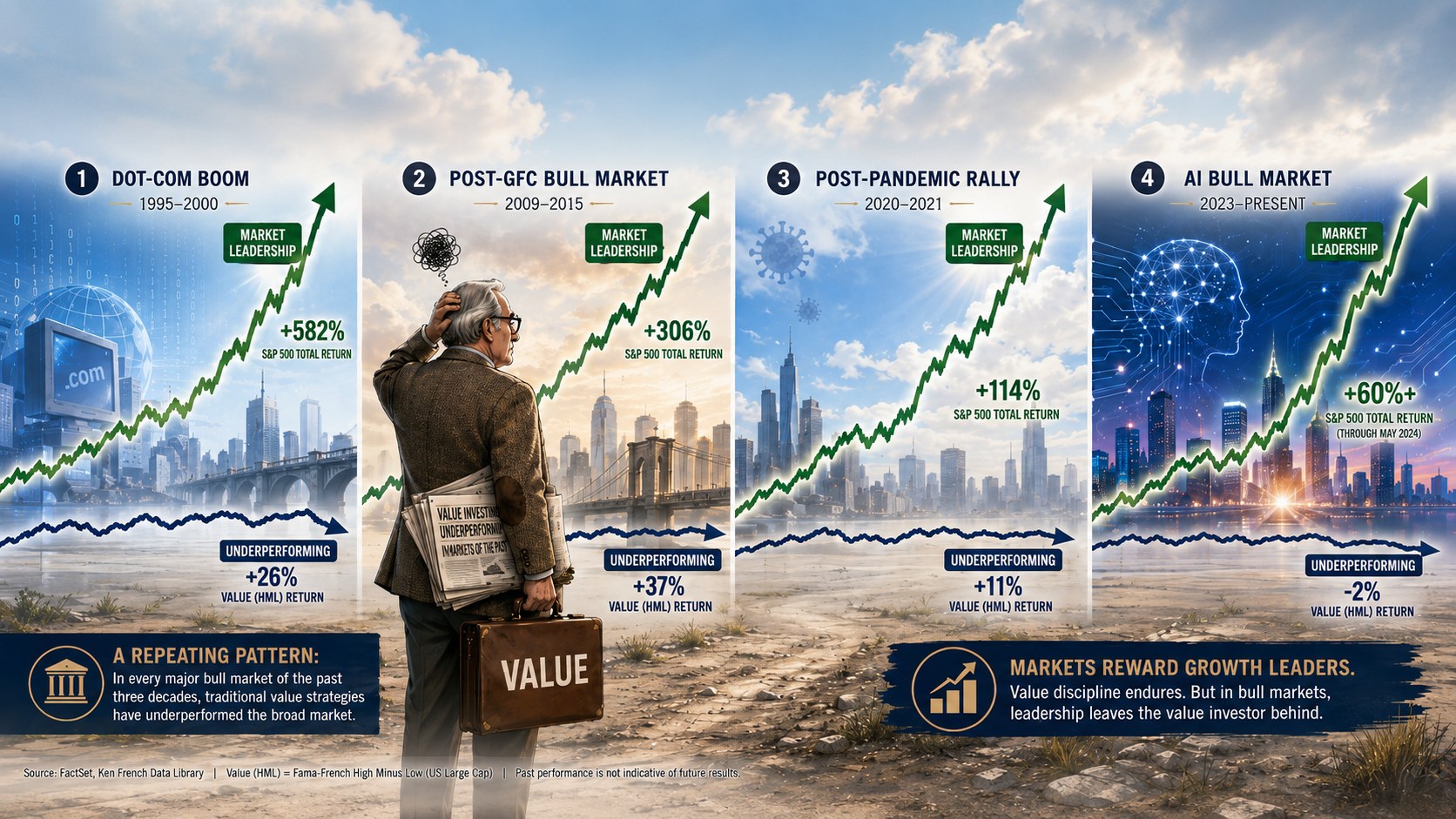 Infographic: Traditional Value Investors — Left Behind in Major Bull Markets, comparing S&P 500 returns against value-stock returns across the Dot-Com, Post-GFC, Post-Pandemic and AI bull markets. Source: FactSet / Ken French.