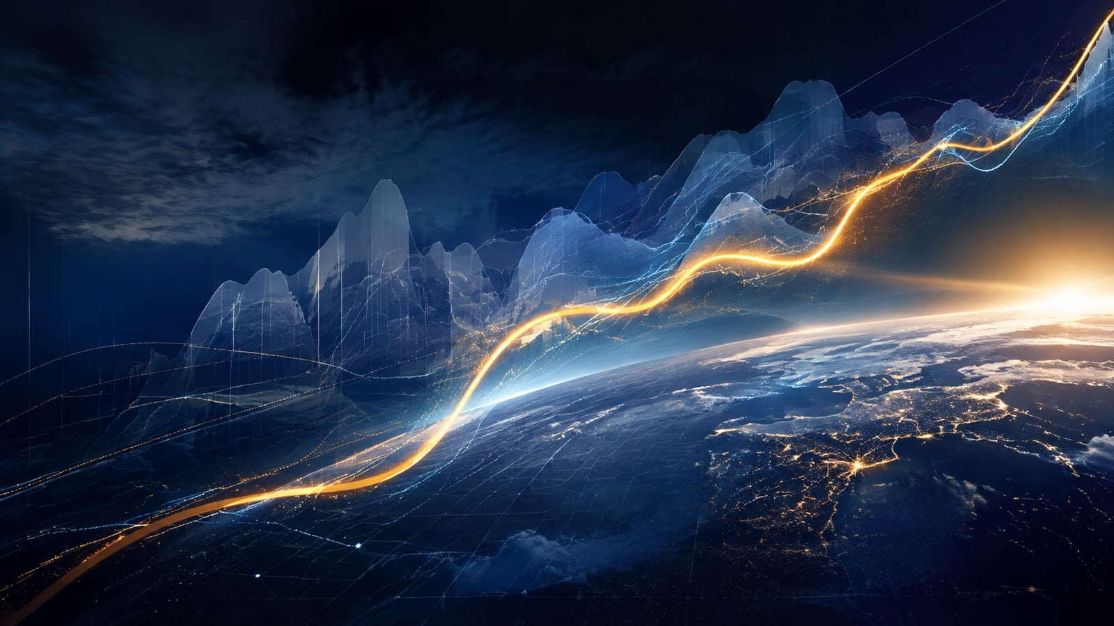 A golden performance line climbing over layered chart mountains above the illuminated earth at night — the AI trade rotating upward through the layers, not bursting.
