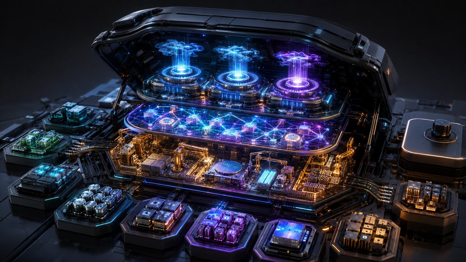 A dark machine housing opened to reveal three glowing engine columns above a luminous interconnect mesh and a golden factory floor, surrounded by hexagonal component modules — the three AI indices opened to their sector level.