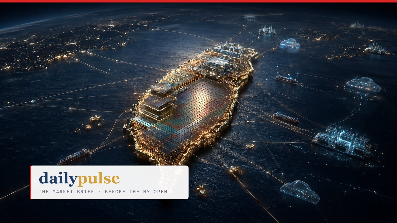 Taiwan rendered as a glowing circuit-board island at night, supply lines radiating outward to container ships, cloud icons and datacenter structures across the surrounding sea — the Daily Pulse cover for the AI-Order Signal Board edition.