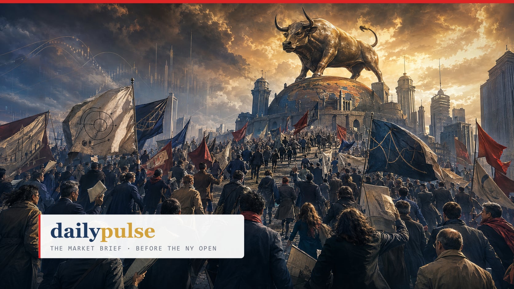Daily Pulse cover for 2026-08-19 - Instruments for the Bond Verdict: a crowd of bond vigilantes carrying chart-marked flags marches toward a globe carrying a golden bull under a stormy sky.