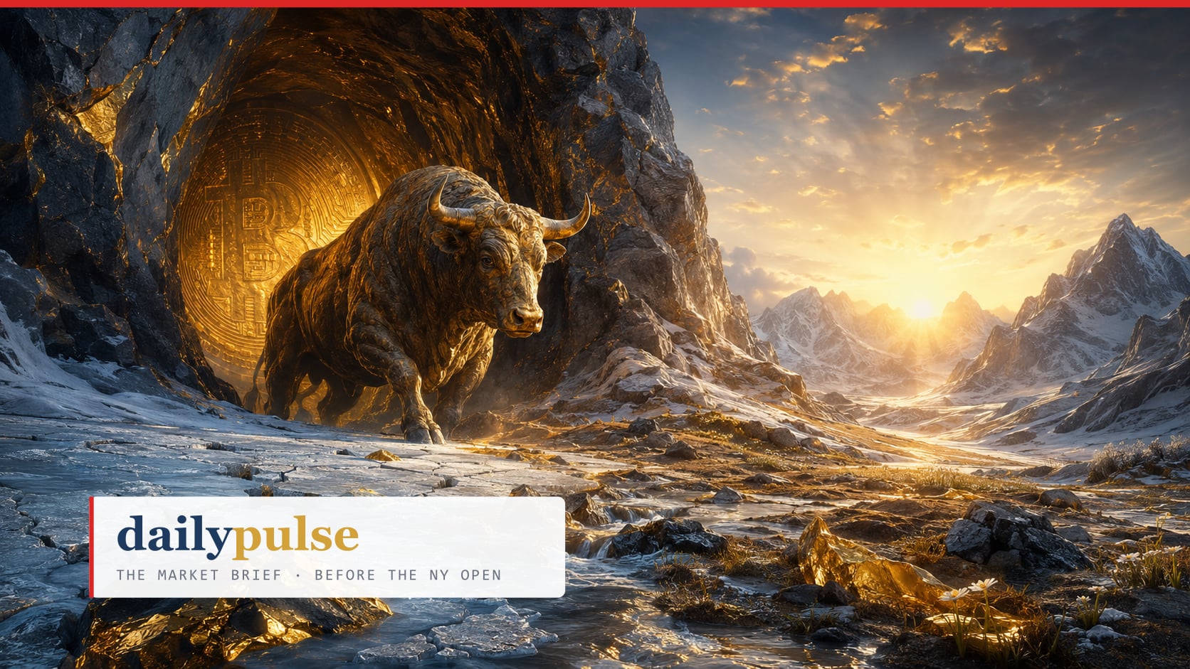Daily Pulse cover for 2026-08-20 - Both Counts Have Room: a gold bar and a bitcoin coin resting on the same scale pan above a Treasury ledger, with wave counts sketched on the wall behind them.