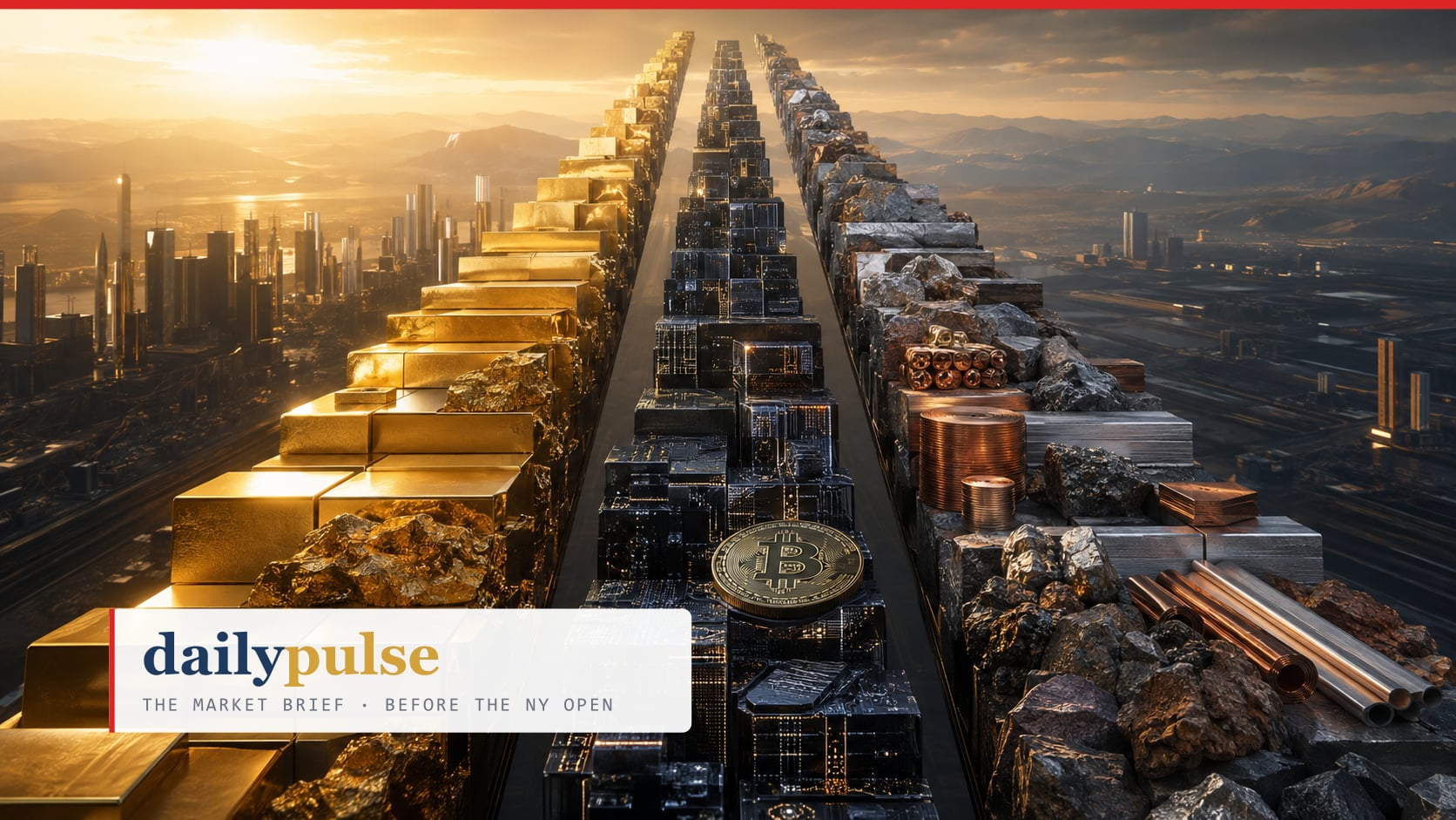 Daily Pulse cover for 2026-08-24 - Three Ladders: Gold, Crypto, Materials: three monumental staircases rising side by side over a city at dawn — one built of gold bars and nuggets, one of circuit-etched black blocks carrying a bitcoin coin, one of raw ore, copper coils and industrial metals.