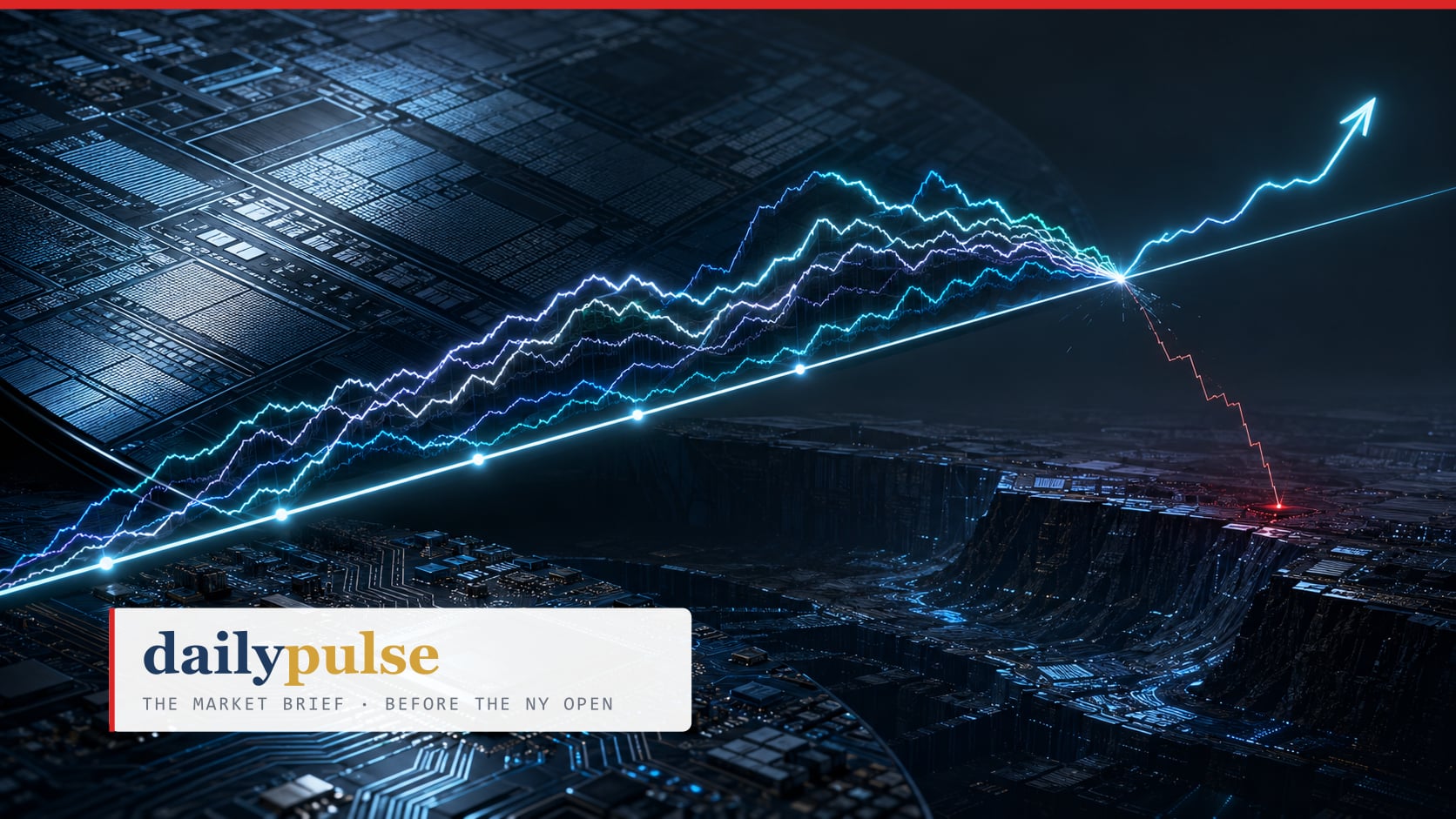 Daily Pulse cover for 2026-08-25 - Decision Time for the Semi Complex: a four-panel chart grid of the US semiconductor ETFs XSD, SOXX, SMH and SMHX, each price line drawn back down onto the same rising trendline from the April lows, with the end-of-July lows marked below.