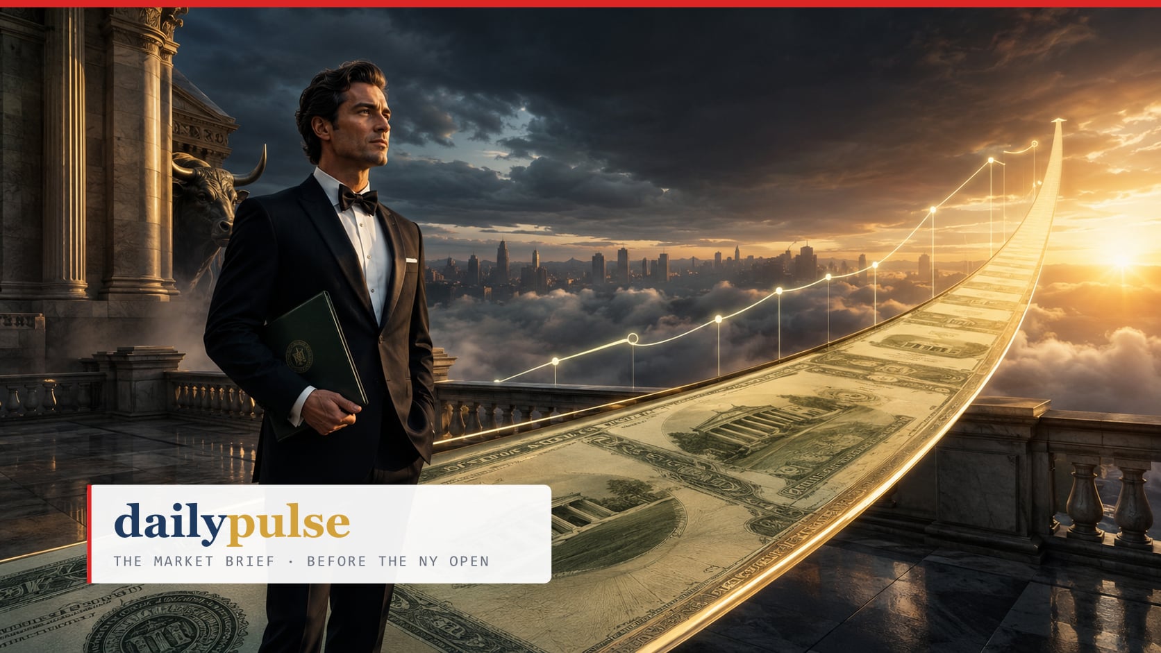 Daily Pulse cover for 2026-08-26 - The Long Bond Argues Back: a tuxedoed figure holding a Treasury portfolio stands on a marble terrace above the clouds at sunrise, beside a bronze bull, as a road paved from Treasury bond certificates curves upward into the light with a rising price line running along it.