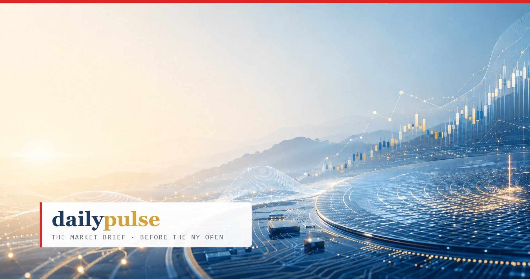 Daily Pulse cover for 2026-08-28 - Rent the Brain or Build It: circuit-board landscape with a wafer disc and rising candlesticks, the AI and software stack rendered as terrain