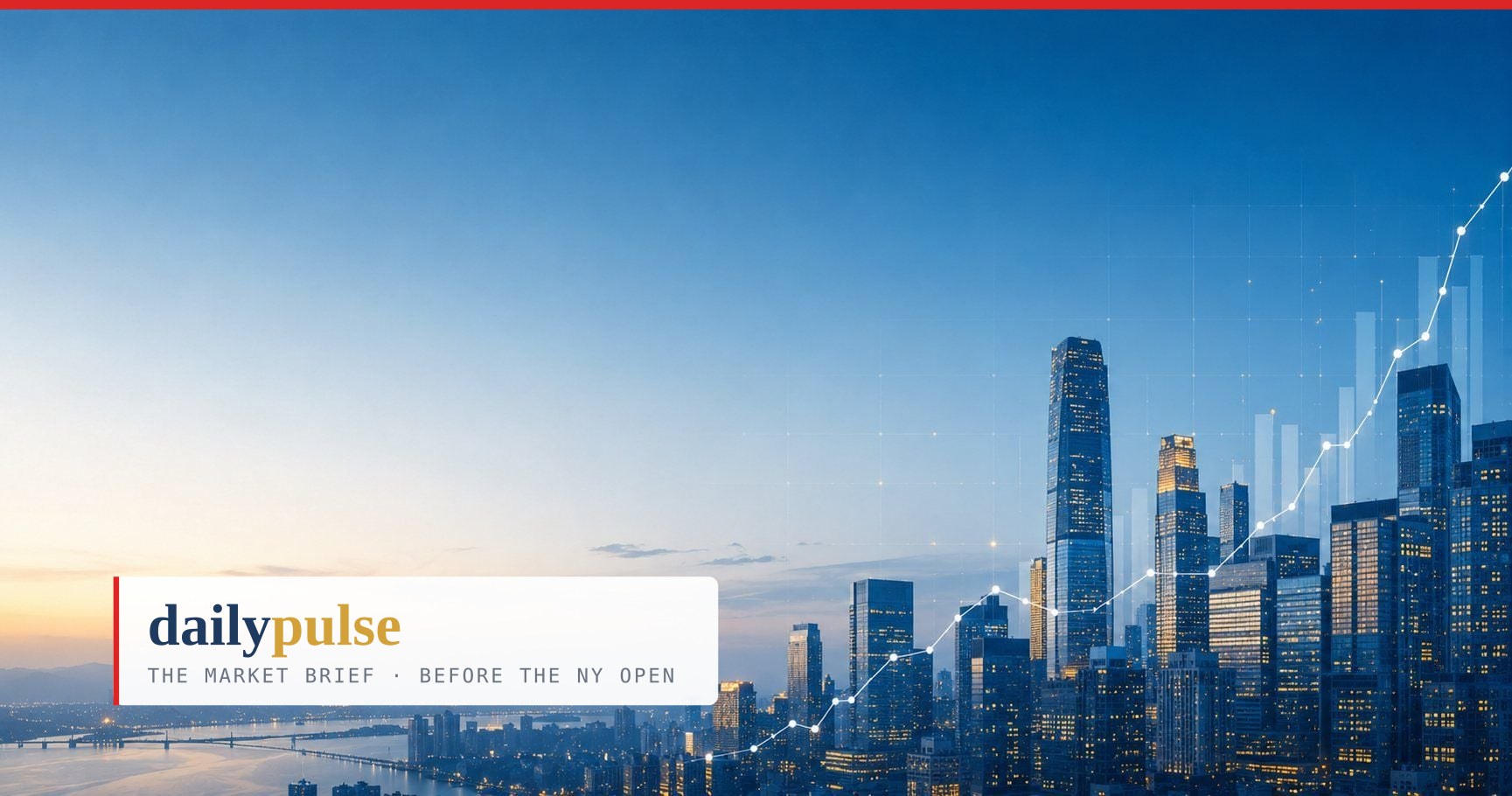 Daily Pulse cover — a city skyline at dusk with a rising white line: the largest companies climbing while the rest of the market waits