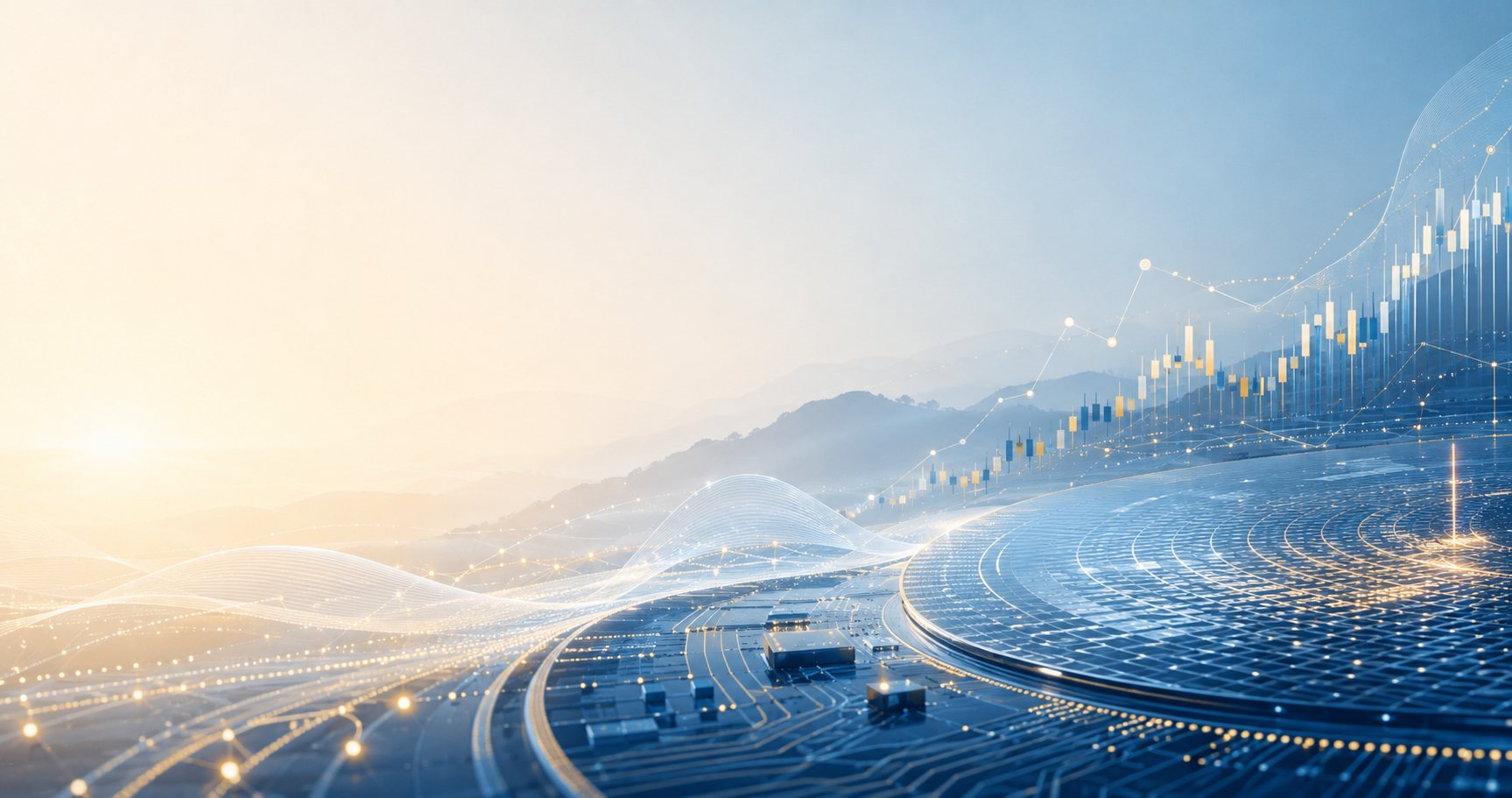 Circuit-board landscape with rising candles — a tech price target against the tape