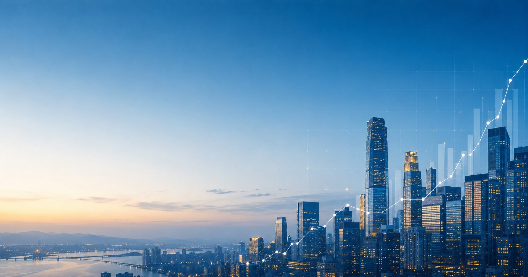 City skyline at dusk with a rising index line — the year-end target against the tape