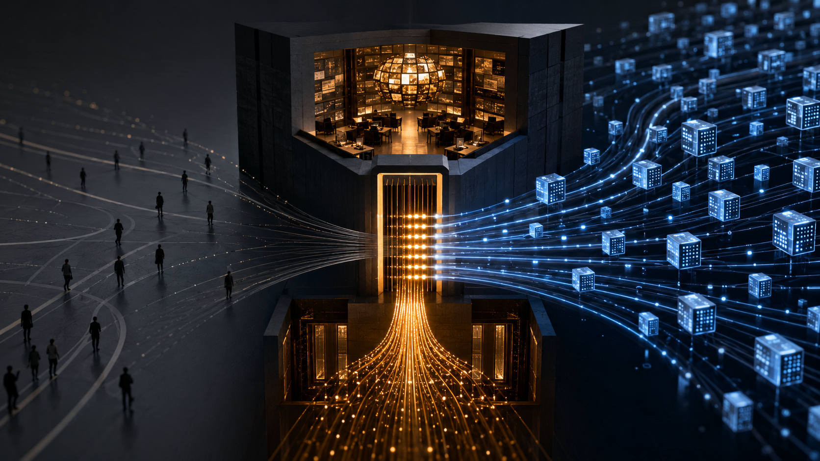 A dark tollgate citadel between two economies: human figures drifting on unlit paths to the left, a stream of glowing machine-cubes paying their way through the lit gate on the right, settled payments flowing out in gold below.