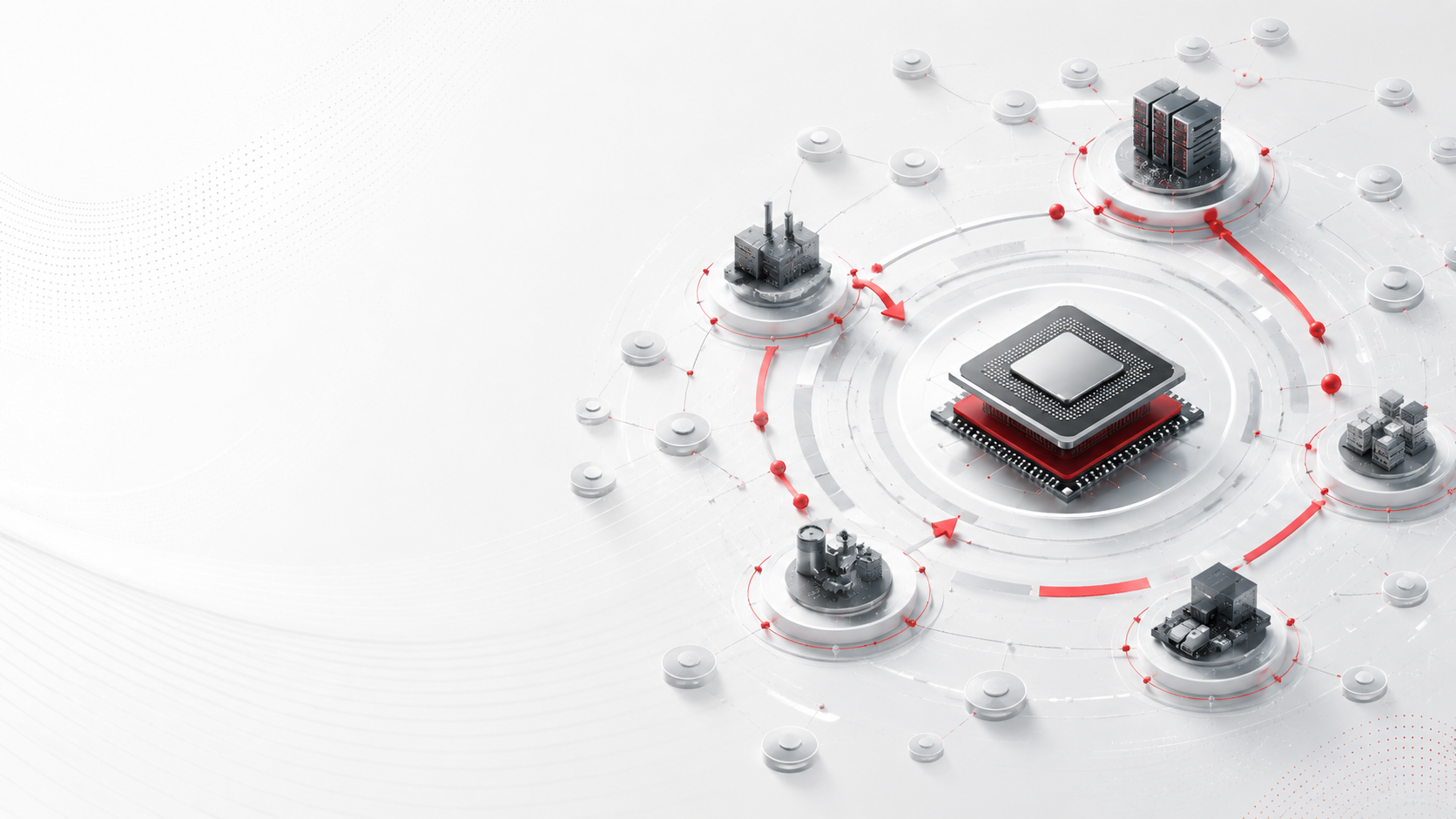 Illustration: AI processors linked by concentric red orbits to data-centre towers
