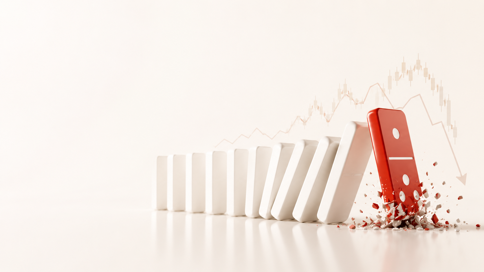 Illustration: a row of white dominoes with the final red one shattering over a falling chart