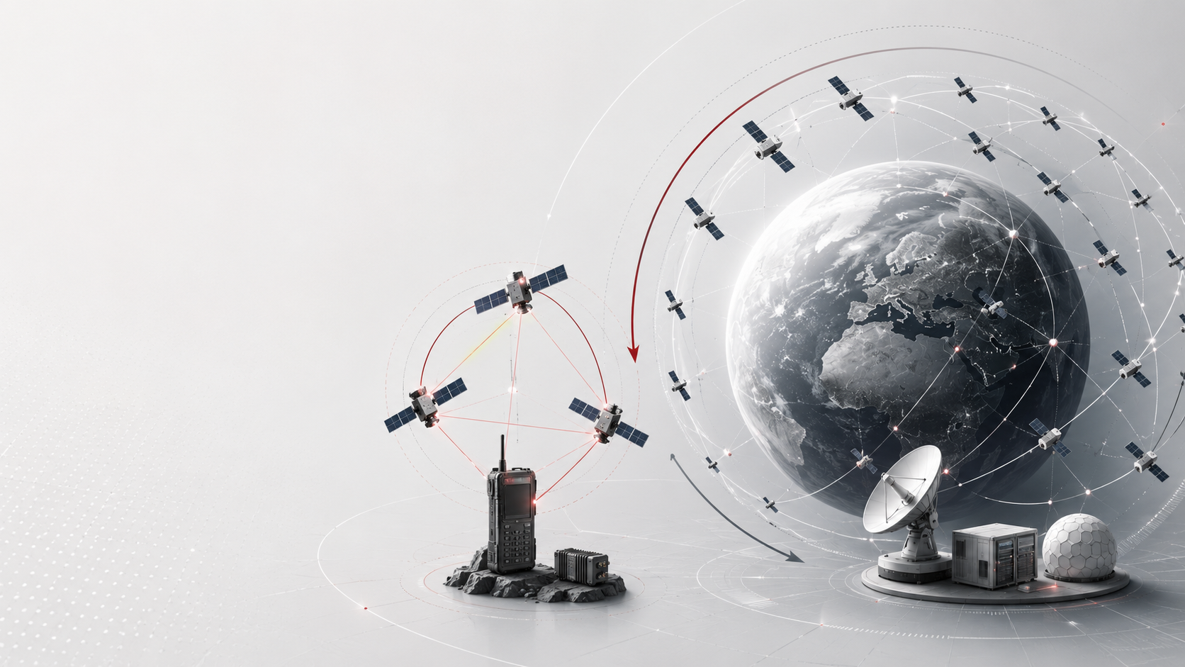 Illustration: a small satellite cluster beside a globe wrapped in a dense satellite mesh
