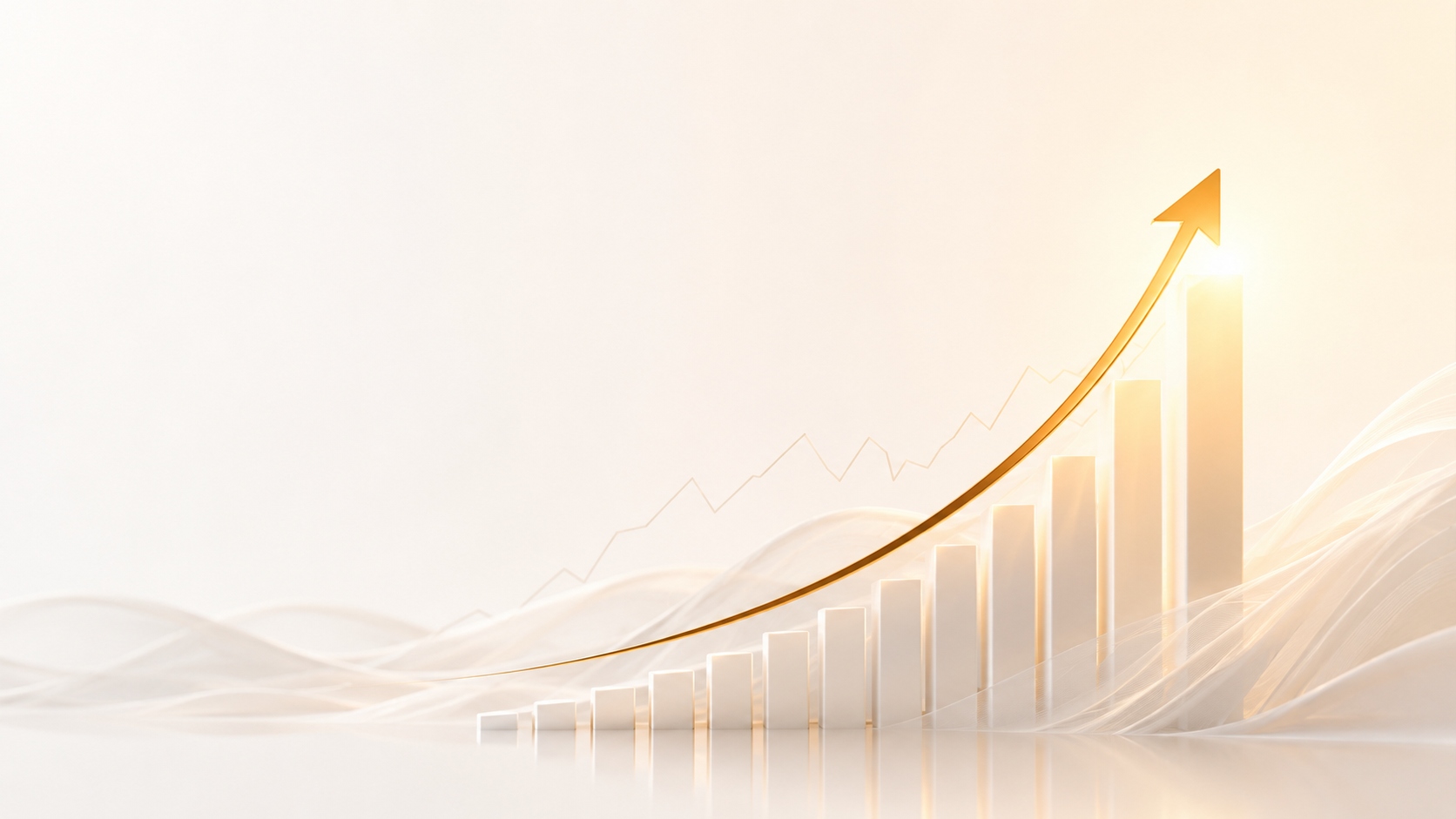 Illustration: a golden market curve and bars melting up to a peak