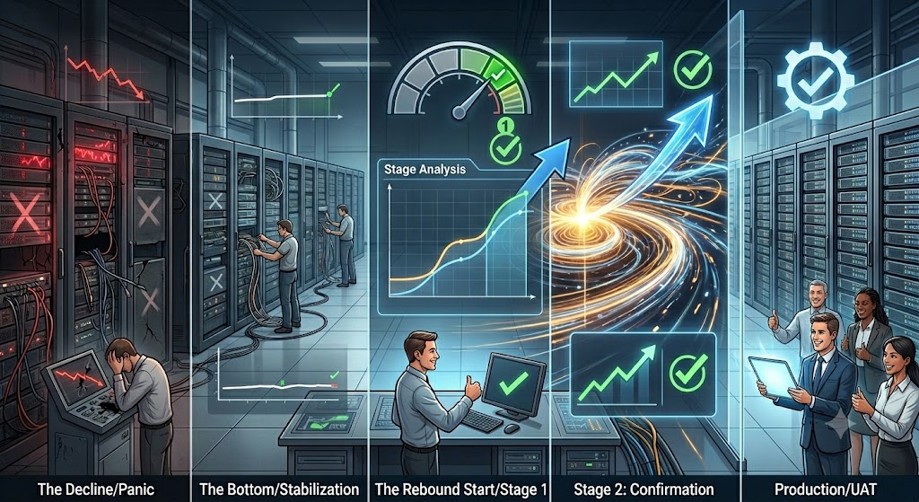 Illustration: a software-sector chart testing its long-term trend line